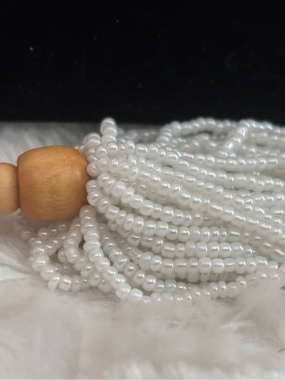 Handmade White Seed Bead Tassel Necklace with Wood Accent